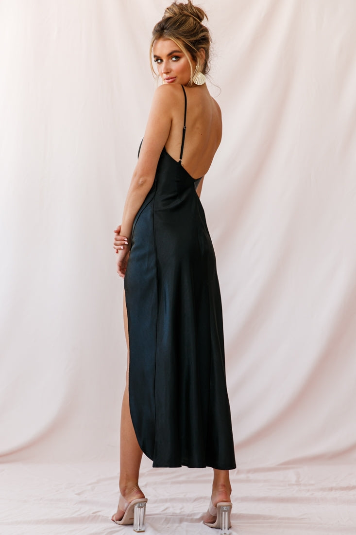 Hey Girl Long Satin Cowl Neck Dress Black by Selfie Leslie
