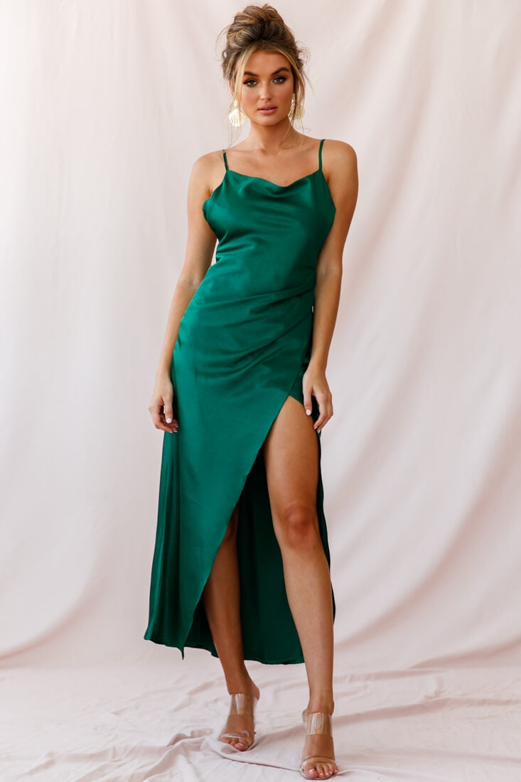 Hey Girl Long Satin Cowl Neck Dress Forest Green by Selfie Leslie