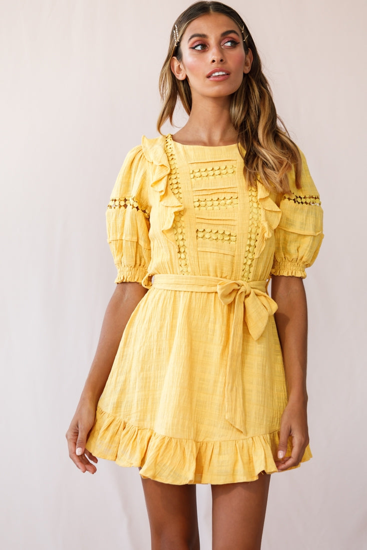 Delia Puff Sleeve Crochet Detail Dress Mustard by Selfie Leslie