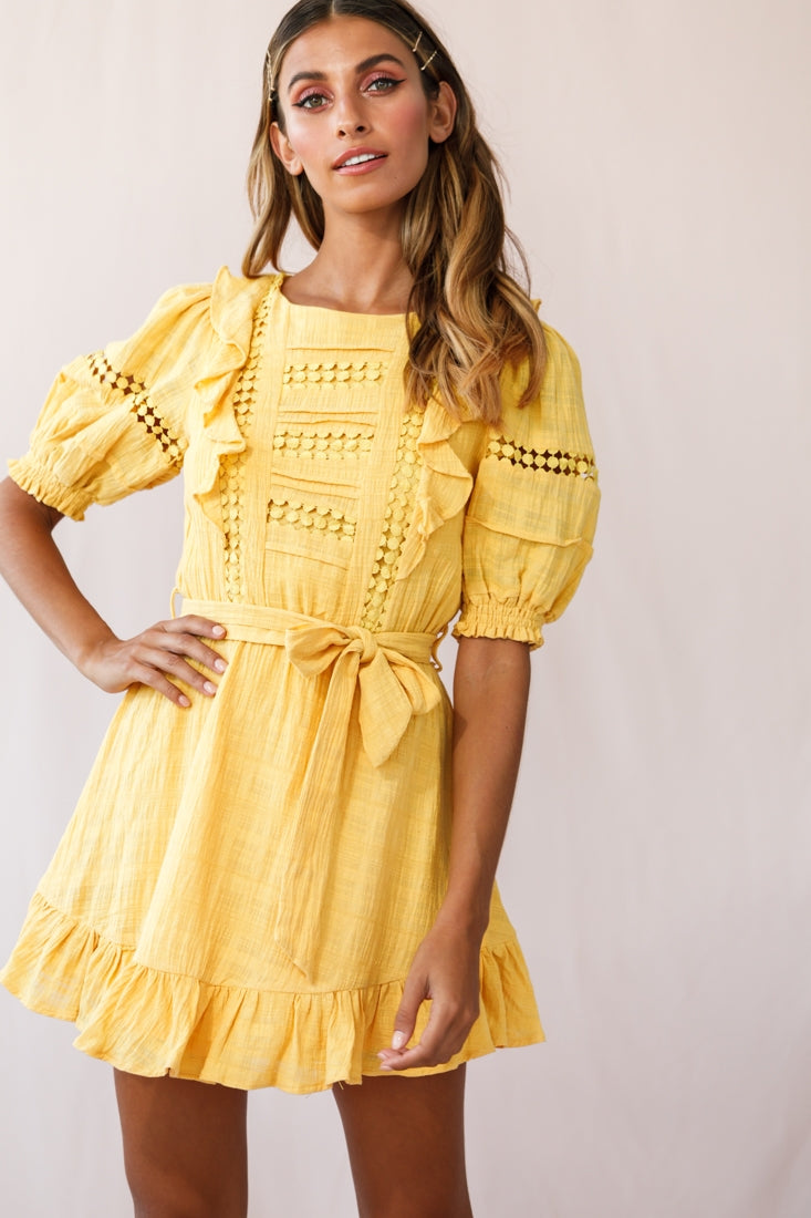 Delia Puff Sleeve Crochet Detail Dress Mustard by Selfie Leslie