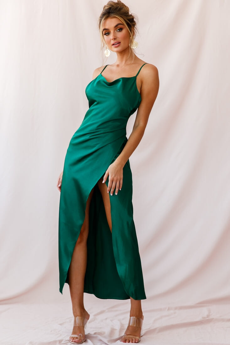 Hey Girl Long Satin Cowl Neck Dress Forest Green by Selfie Leslie