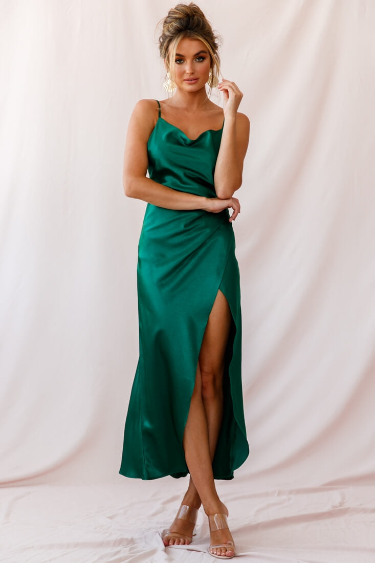 Hey Girl Long Satin Cowl Neck Dress Forest Green by Selfie Leslie