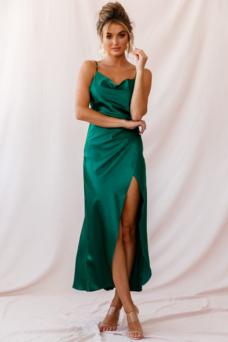 Shop the Hey Girl Long Satin Cowl Neck Dress Forest Green