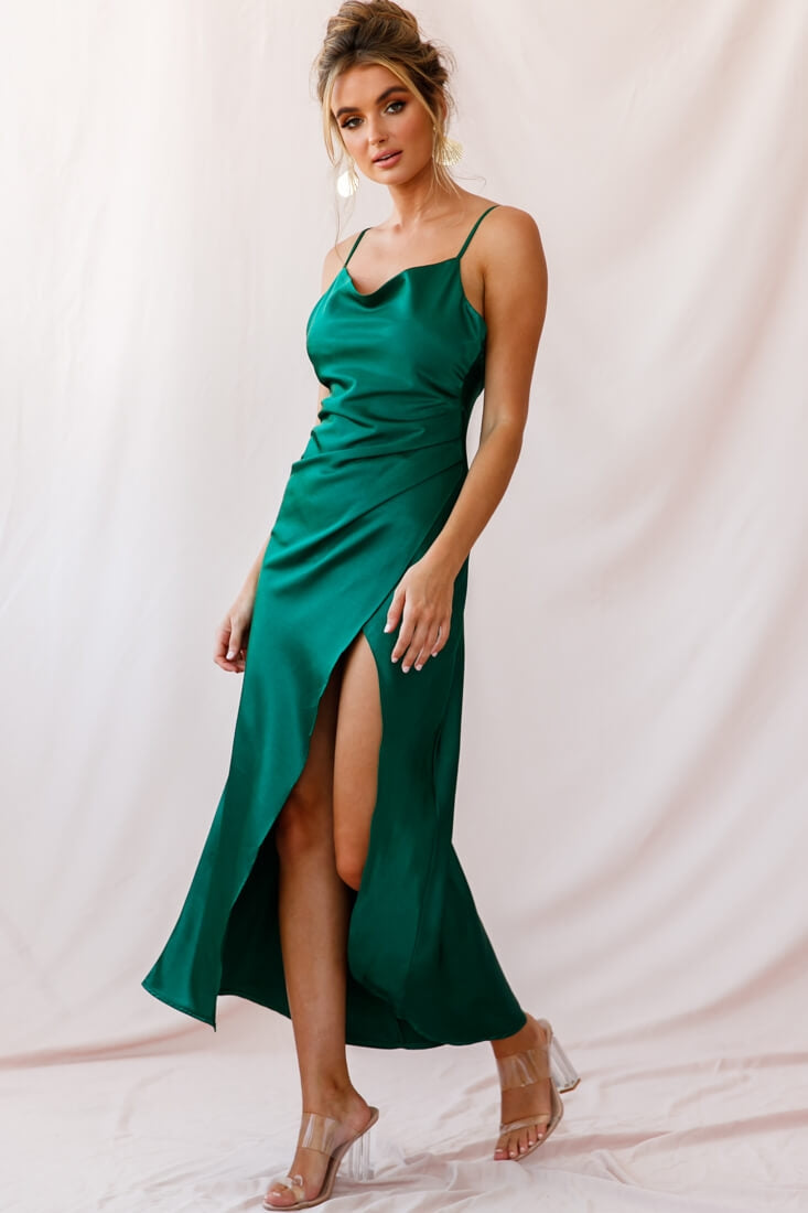 Hey Girl Long Satin Cowl Neck Dress Forest Green by Selfie Leslie