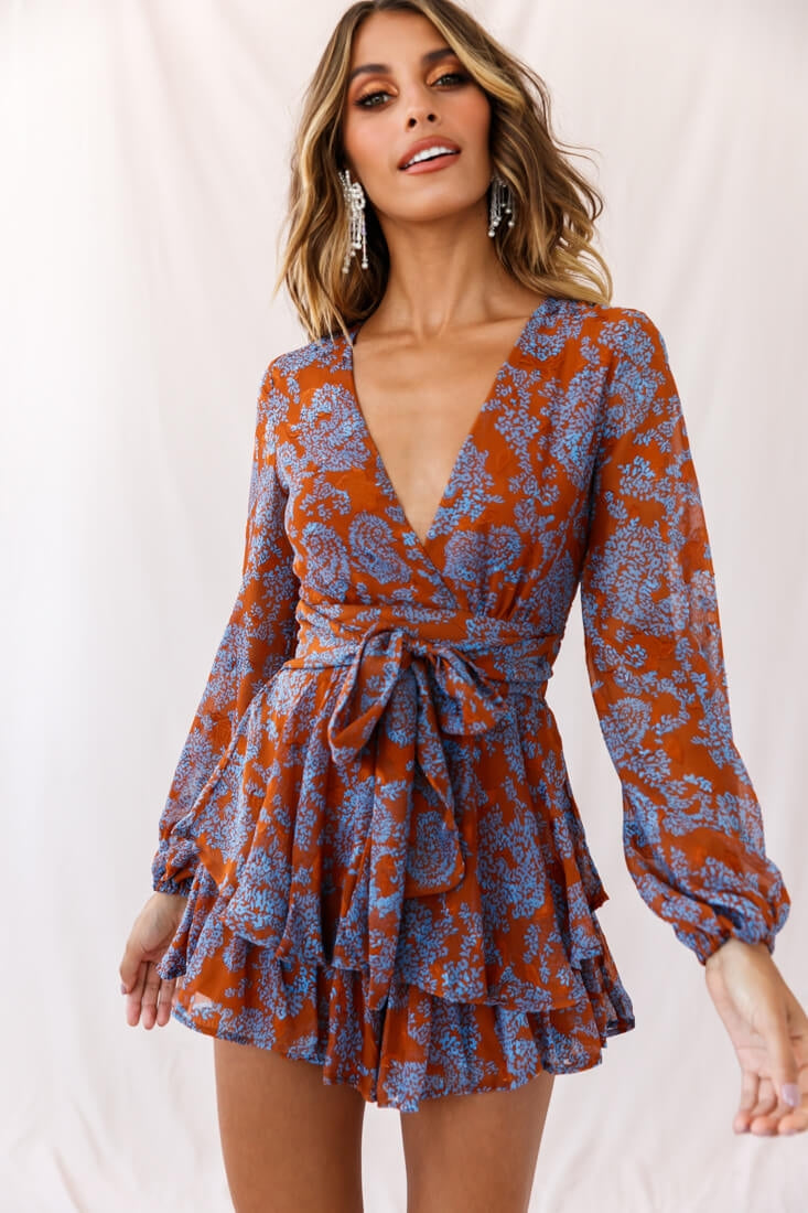 Maddox Fit & Flare Long Sleeve Floral Romper Tan by Selfie Leslie