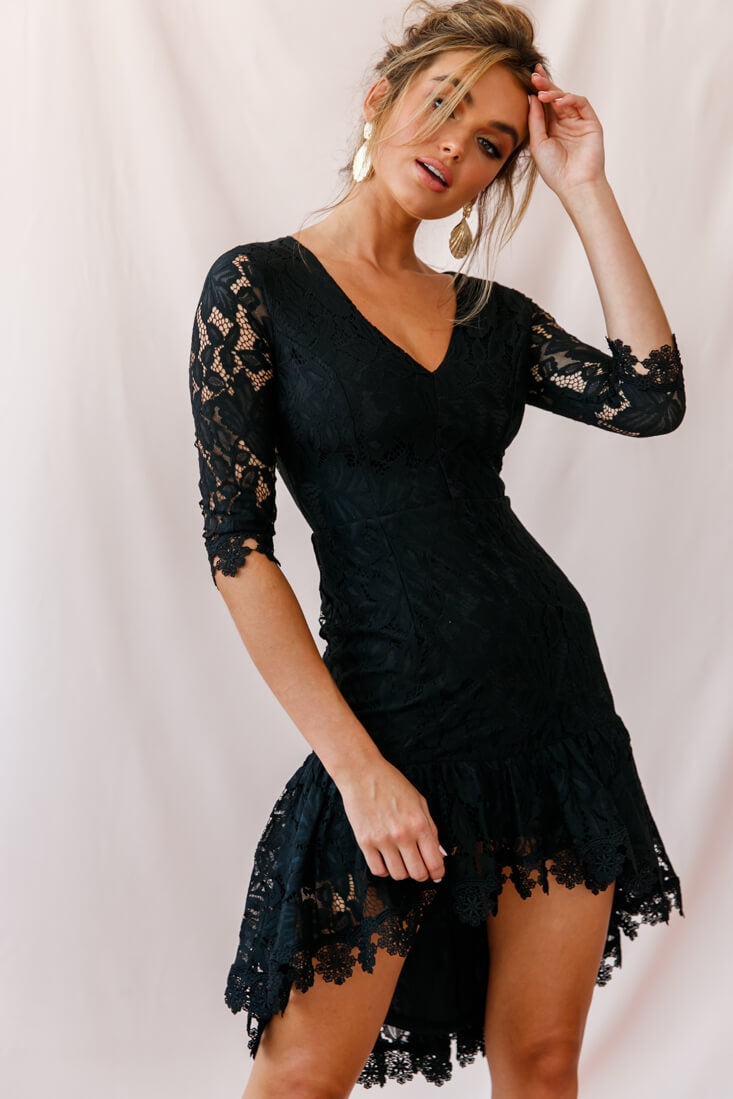 Aurora Lace High-Low Hem Dress Black by Selfie Leslie