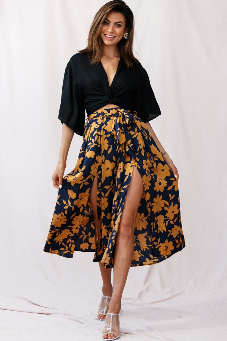 Danika Front Split Midi Culotte Pants Navy/Mustard by Selfie Leslie