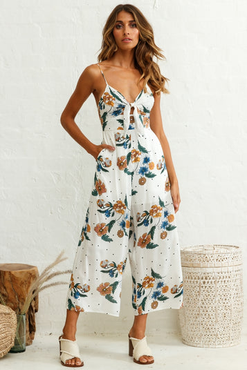 Shop the Call Me Wide-Leg Tied Bust Jumpsuit Floral Print White ...