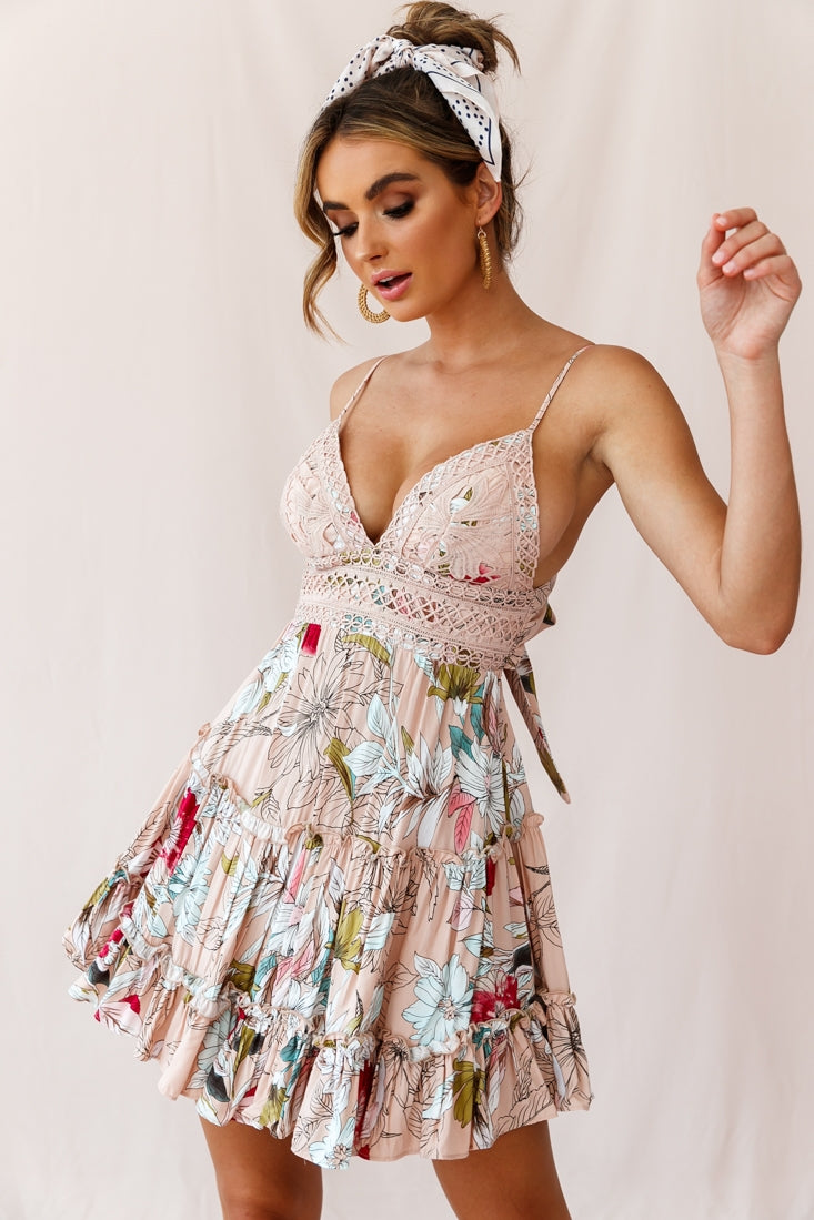 Sanctuary Appliqué Bust Tie-Knot Back Dress Floral Print Beige by Selfie Leslie