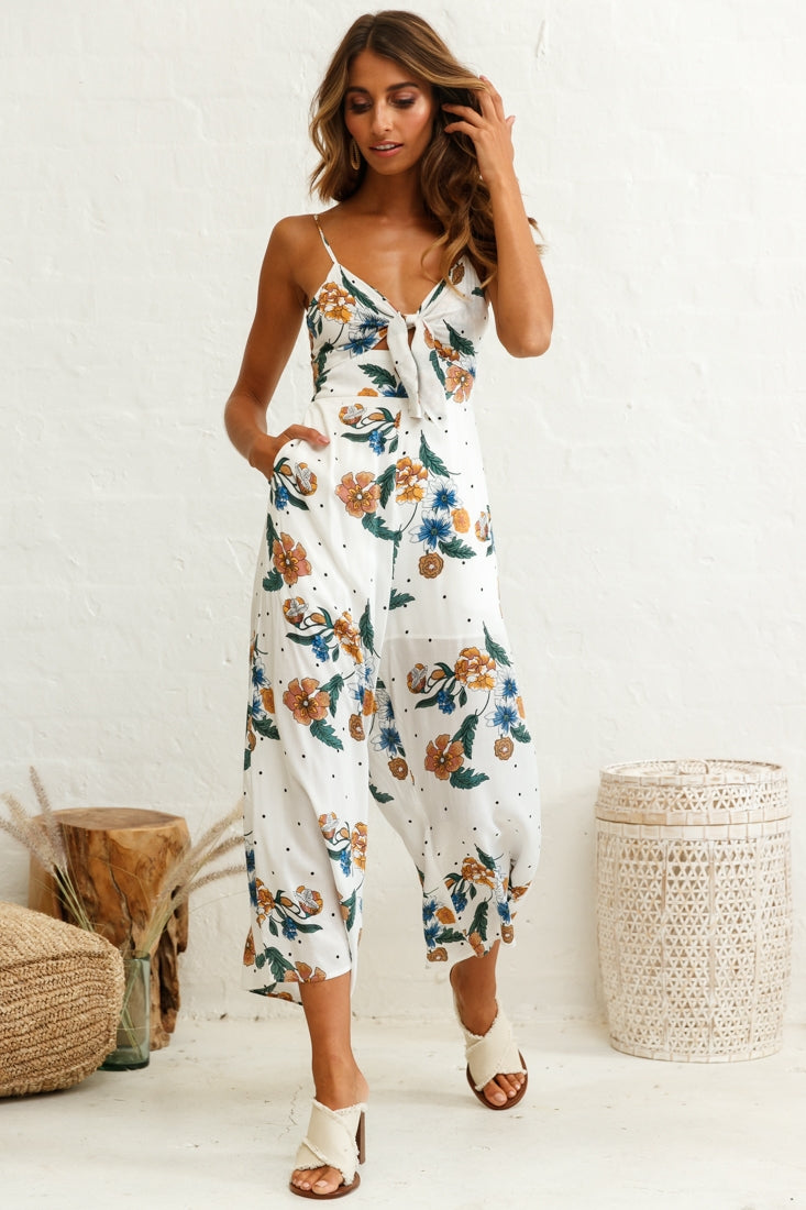 Call Me Wide-Leg Tied Bust Jumpsuit Floral Print White by Selfie Leslie