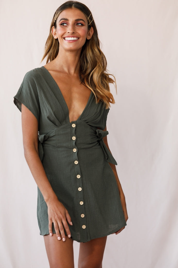 Dara Button Accent Dress Green Khaki by Selfie Leslie