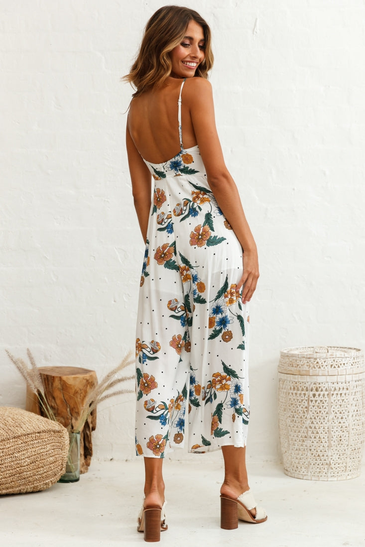 Call Me Wide-Leg Tied Bust Jumpsuit Floral Print White by Selfie Leslie