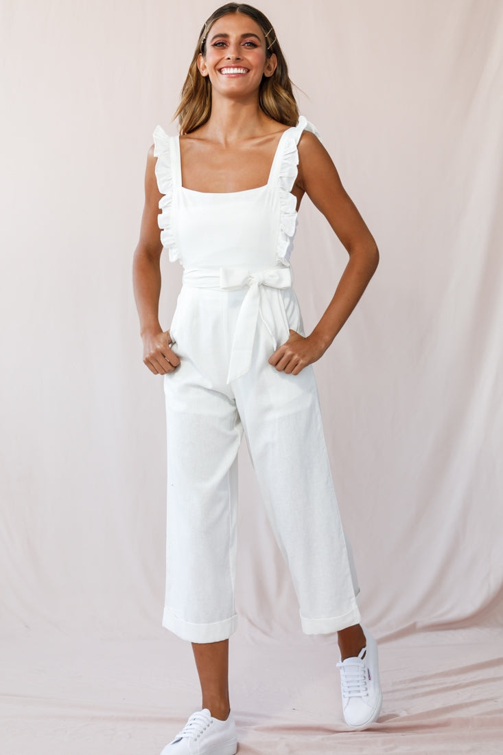 Serenade Ruffle Strap Pinafore Jumpsuit White by Selfie Leslie