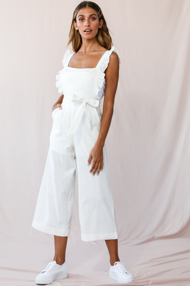 Serenade Ruffle Strap Pinafore Jumpsuit White by Selfie Leslie
