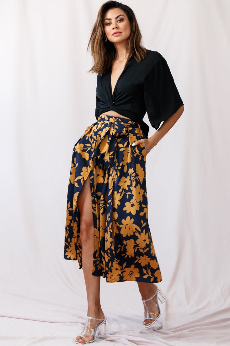 Danika Front Split Midi Culotte Pants Navy/Mustard by Selfie Leslie