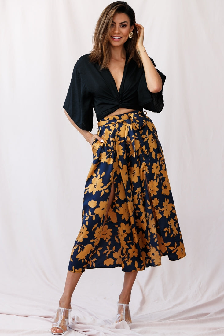 Danika Front Split Midi Culotte Pants Navy/Mustard by Selfie Leslie