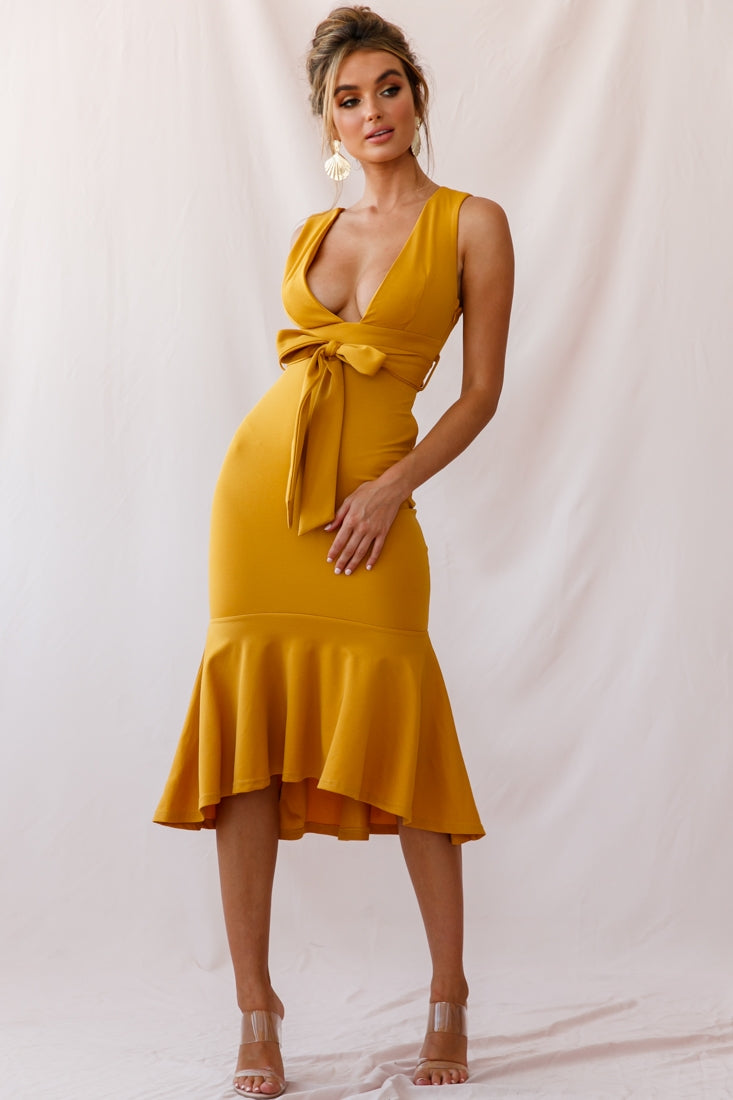 Sorry Not Sorry Wide Strap Flounce Dress Mustard by Selfie Leslie
