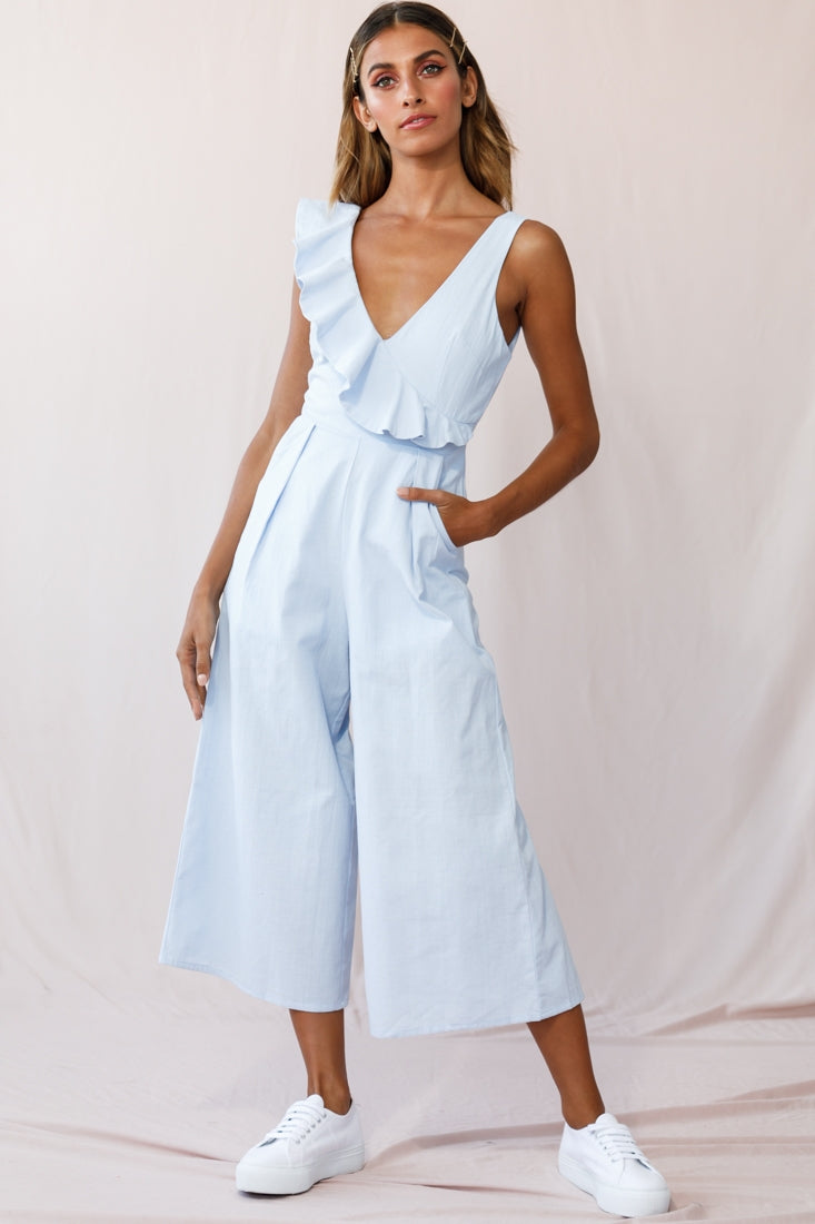 Cheryl Ruffle Strap Wide Leg Jumpsuit Steel Blue by Selfie Leslie