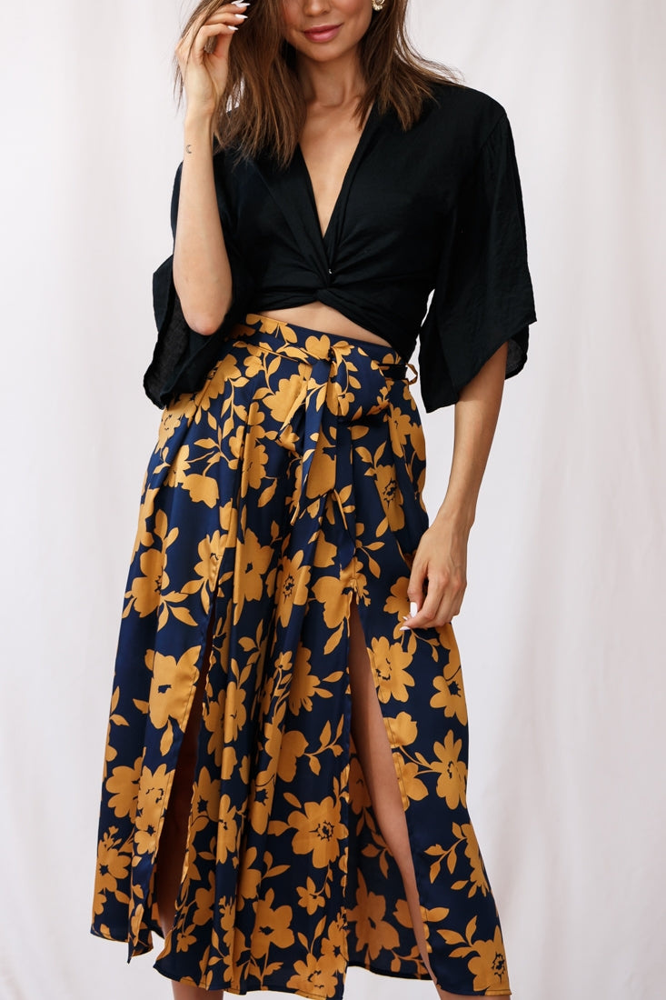 Danika Front Split Midi Culotte Pants Navy/Mustard by Selfie Leslie