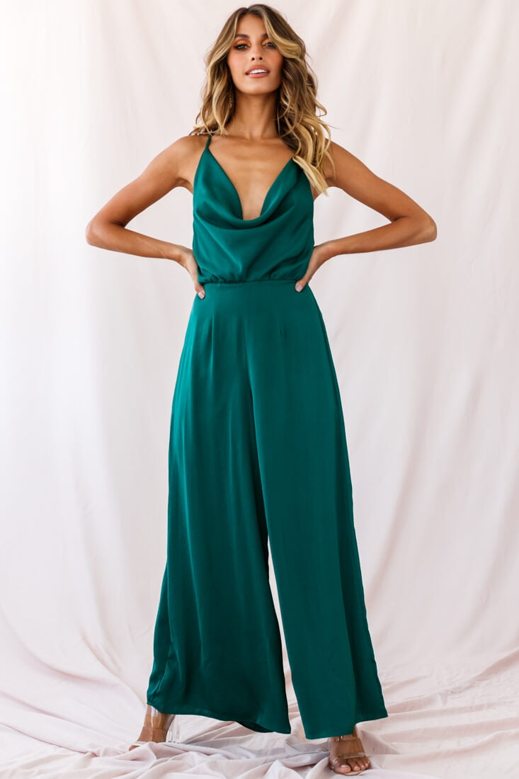 Jaclyn Wide-Leg Cowl Neck Jumpsuit Forest Green by Selfie Leslie
