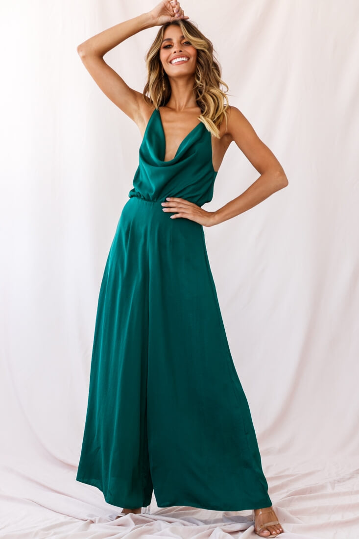 Jaclyn Wide-Leg Cowl Neck Jumpsuit Forest Green by Selfie Leslie