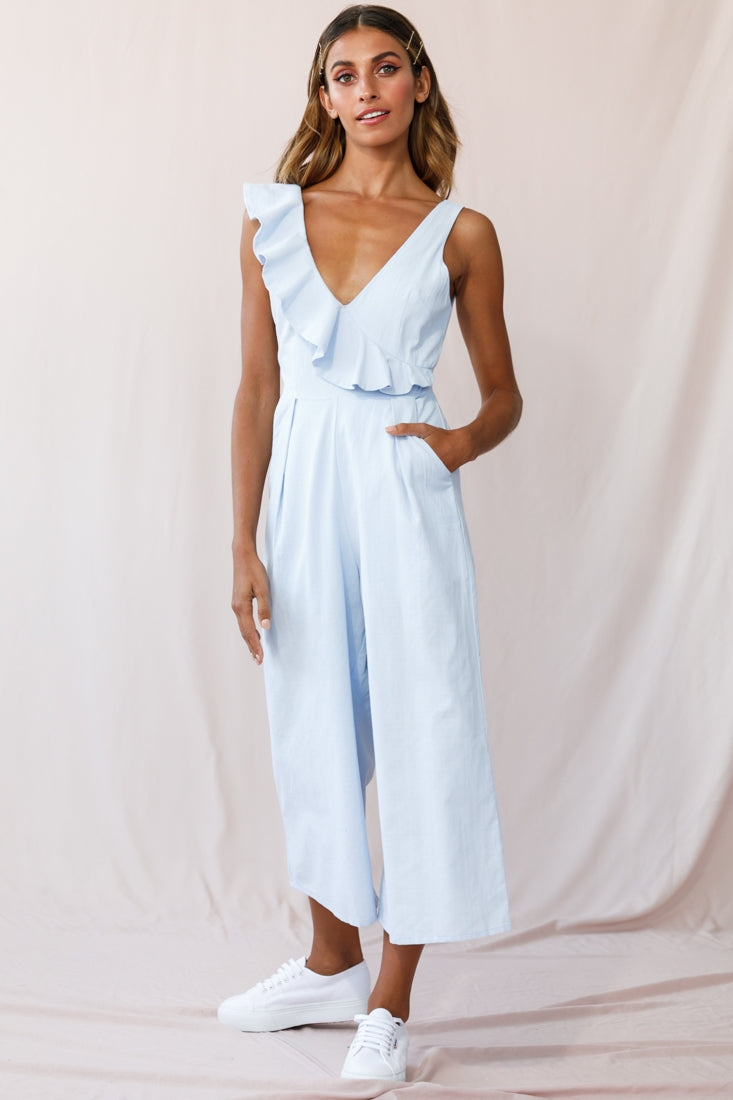 Cheryl Ruffle Strap Wide Leg Jumpsuit Steel Blue by Selfie Leslie
