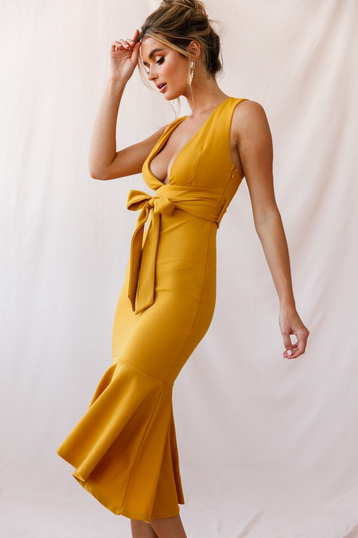 Sorry Not Sorry Wide Strap Flounce Dress Mustard by Selfie Leslie