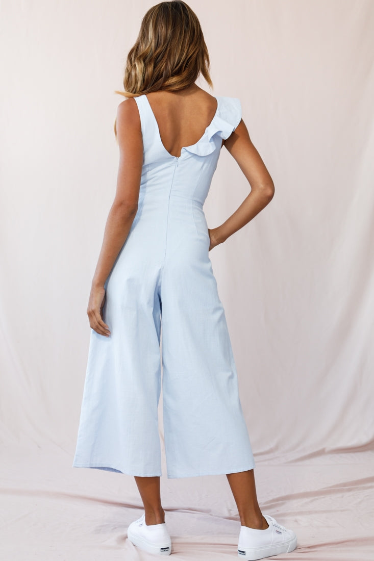 Cheryl Ruffle Strap Wide Leg Jumpsuit Steel Blue by Selfie Leslie