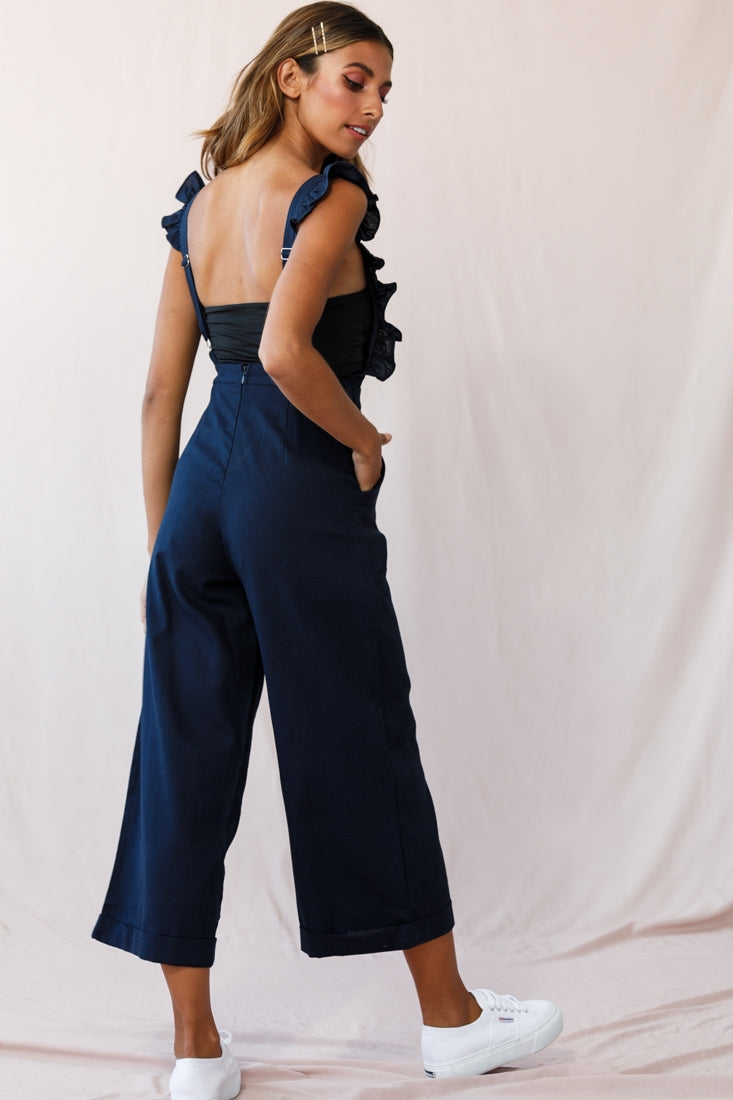 Serenade Ruffle Strap Pinafore Jumpsuit Navy by Selfie Leslie