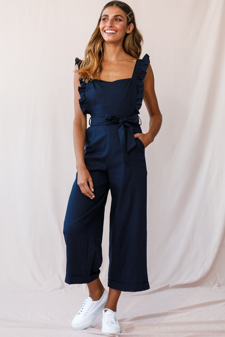 Serenade Ruffle Strap Pinafore Jumpsuit Navy by Selfie Leslie