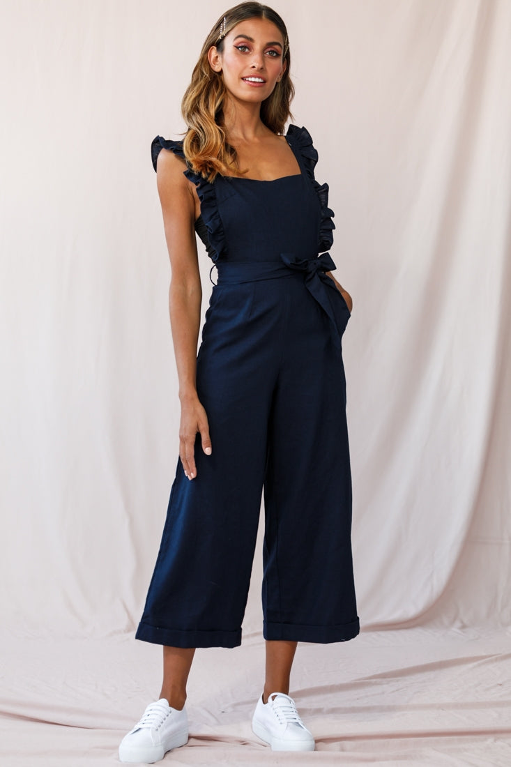 Serenade Ruffle Strap Pinafore Jumpsuit Navy by Selfie Leslie