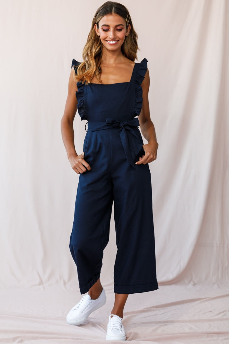 Serenade Ruffle Strap Pinafore Jumpsuit Navy by Selfie Leslie