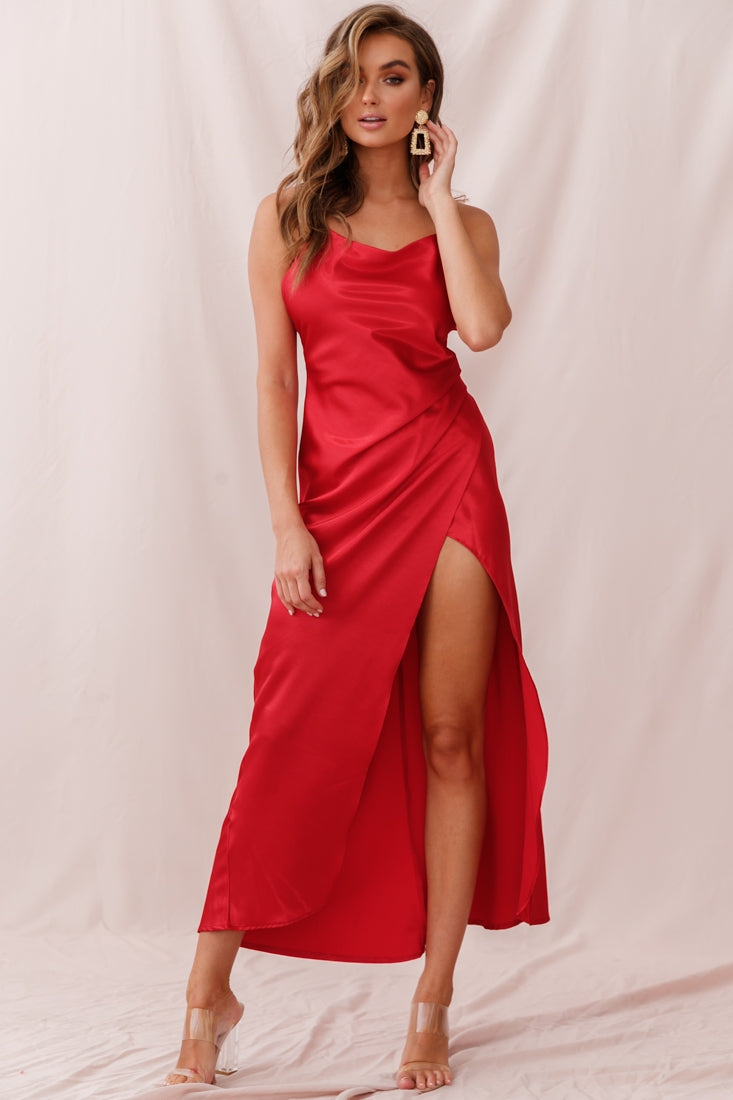 Hey Girl Long Satin Cowl Neck Dress Red | Selfie Leslie Hey Girl Long Satin Cowl Neck Dress Red | Selfie Leslie