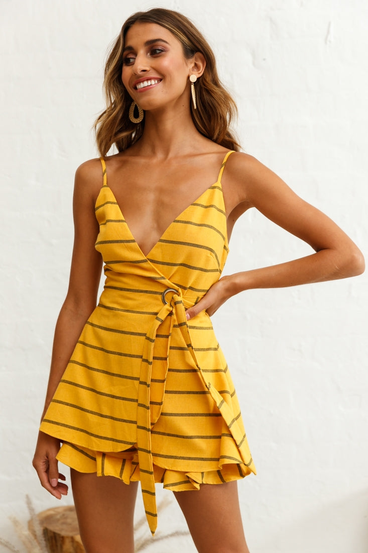 Libra Crossover Wrap Romper Stripe Print Mustard by Selfie Leslie