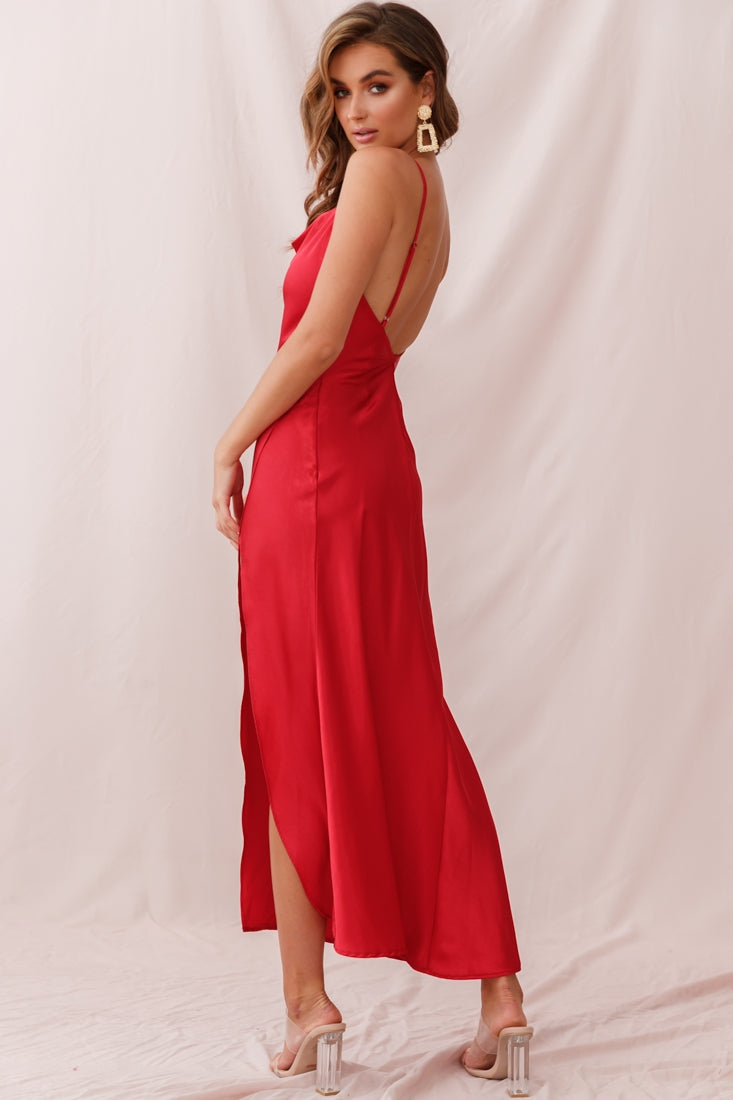 red cowl neck dress Hey Girl Long Satin Cowl Neck Dress Red