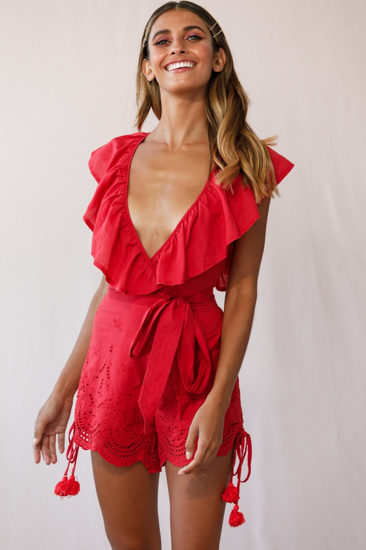 Kipper V-Neck Scalloped Romper Red by Selfie Leslie