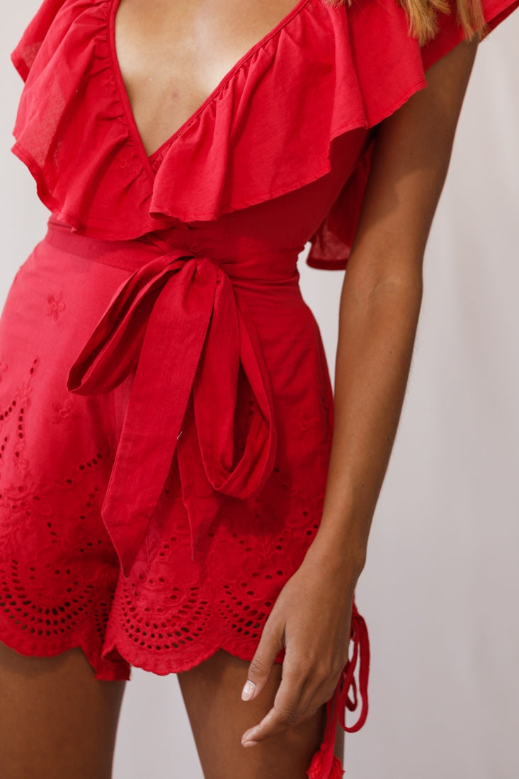 Kipper V-Neck Scalloped Romper Red by Selfie Leslie