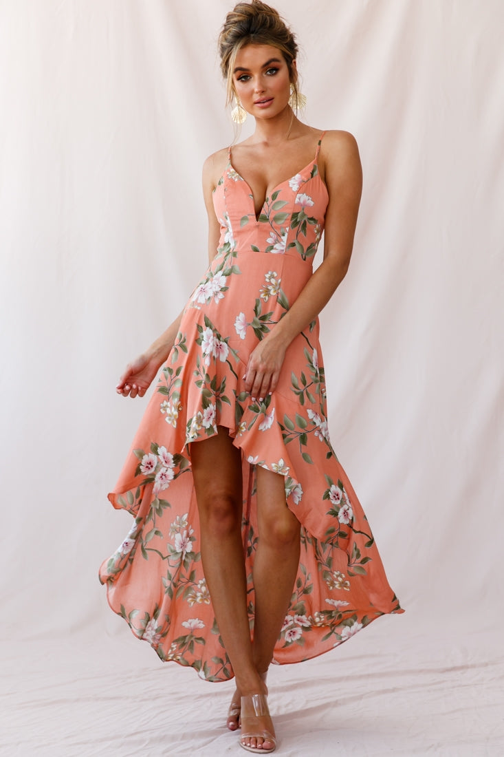 Imelda V-Neckline High-Low Hem Dress Peach by Selfie Leslie