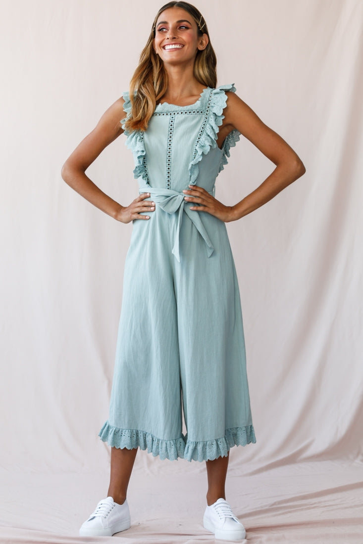 Meadow Ruffle Strap Open Back Midi Jumpsuit Sage by Selfie Leslie