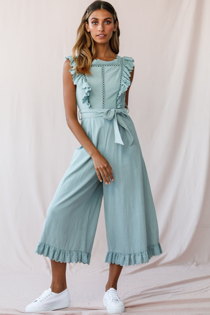 Meadow Ruffle Strap Open Back Midi Jumpsuit Sage by Selfie Leslie