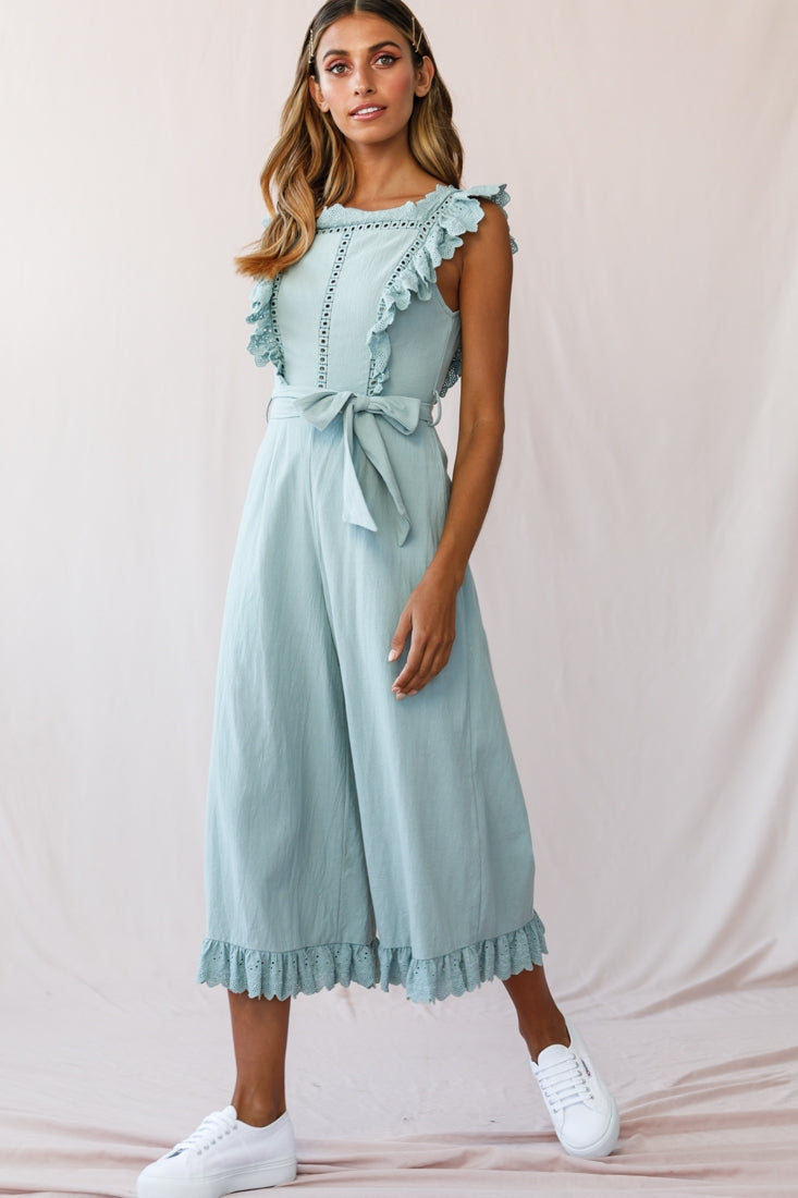 Meadow Ruffle Strap Open Back Midi Jumpsuit Sage by Selfie Leslie