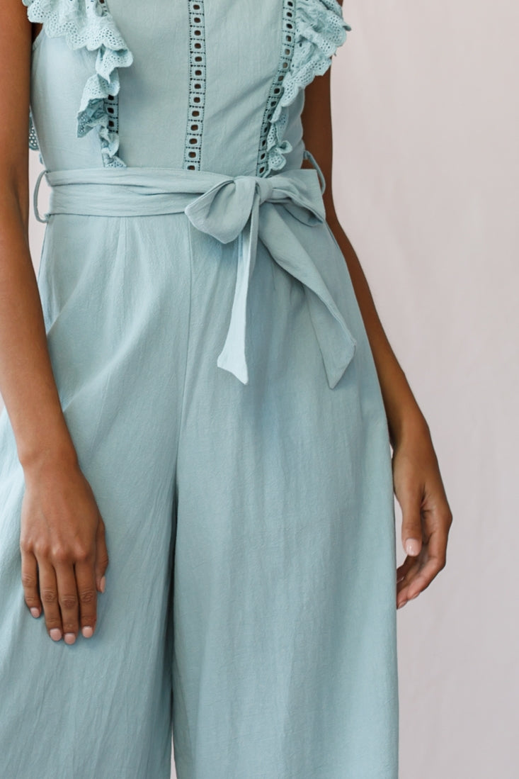 Meadow Ruffle Strap Open Back Midi Jumpsuit Sage by Selfie Leslie