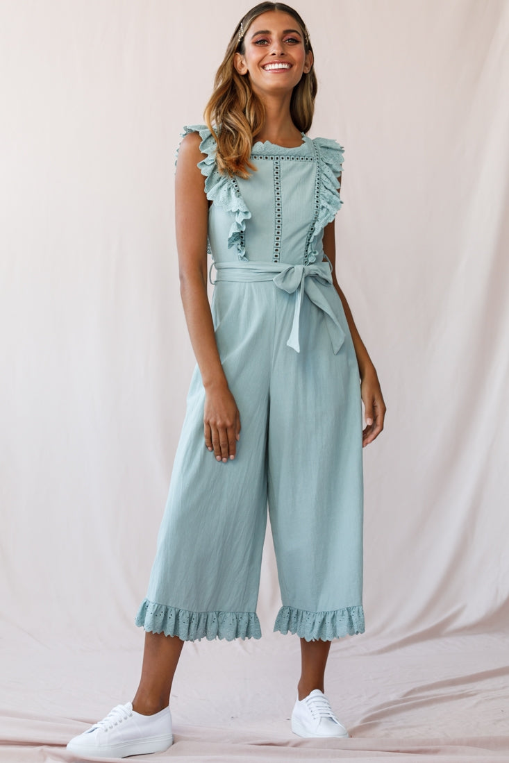 Meadow Ruffle Strap Open Back Midi Jumpsuit Sage by Selfie Leslie