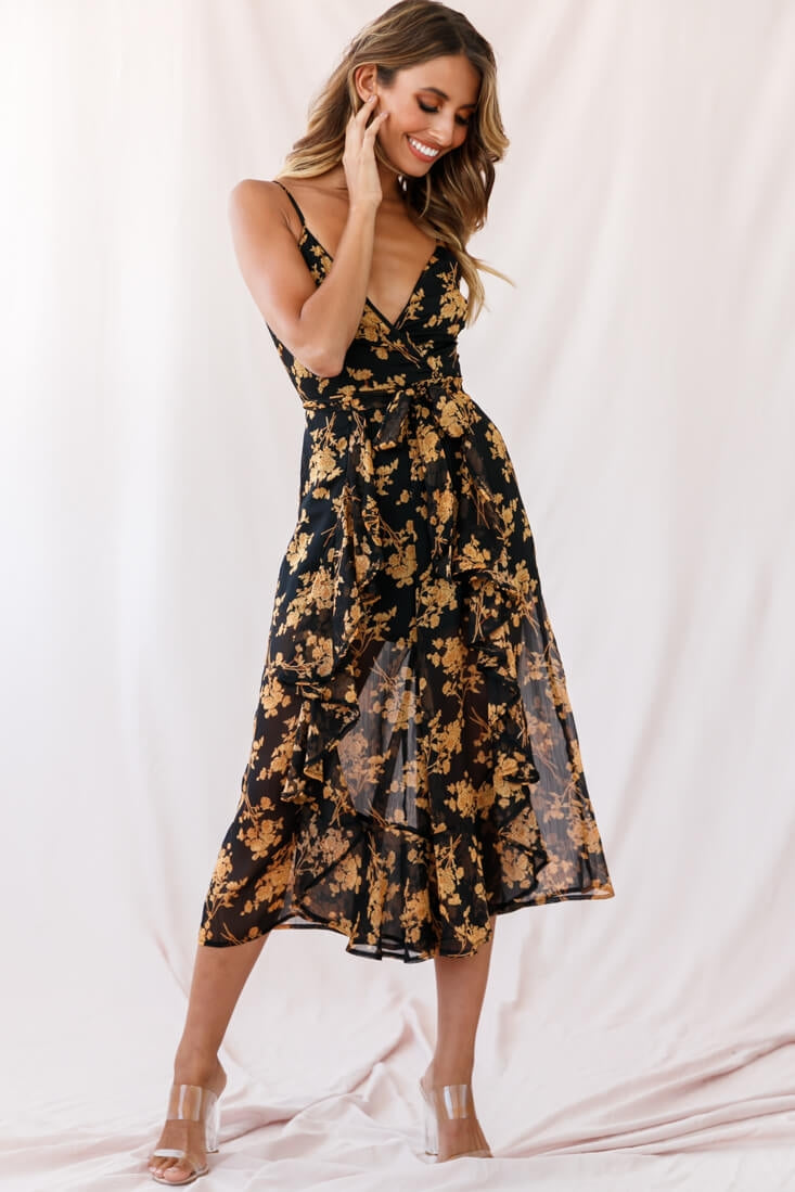 midi jumpsuit dress Constance Thin Strap Midi Jumpsuit Black/Orange Flower
