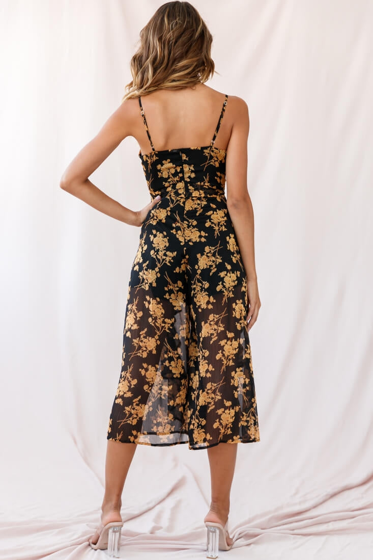 Constance Thin Strap Midi Jumpsuit Black/Orange Flower– Selfie Leslie