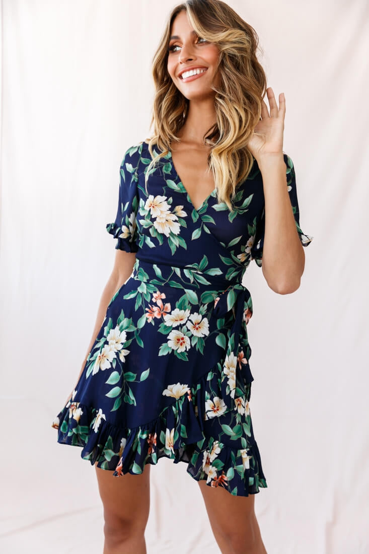 Omara Floral Wrap Ruffle Trim Dress Navy by Selfie Leslie