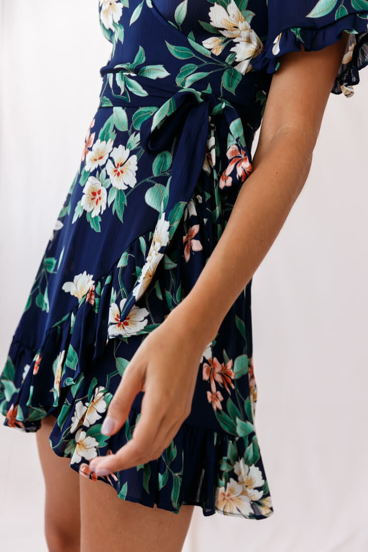 Omara Floral Wrap Ruffle Trim Dress Navy by Selfie Leslie