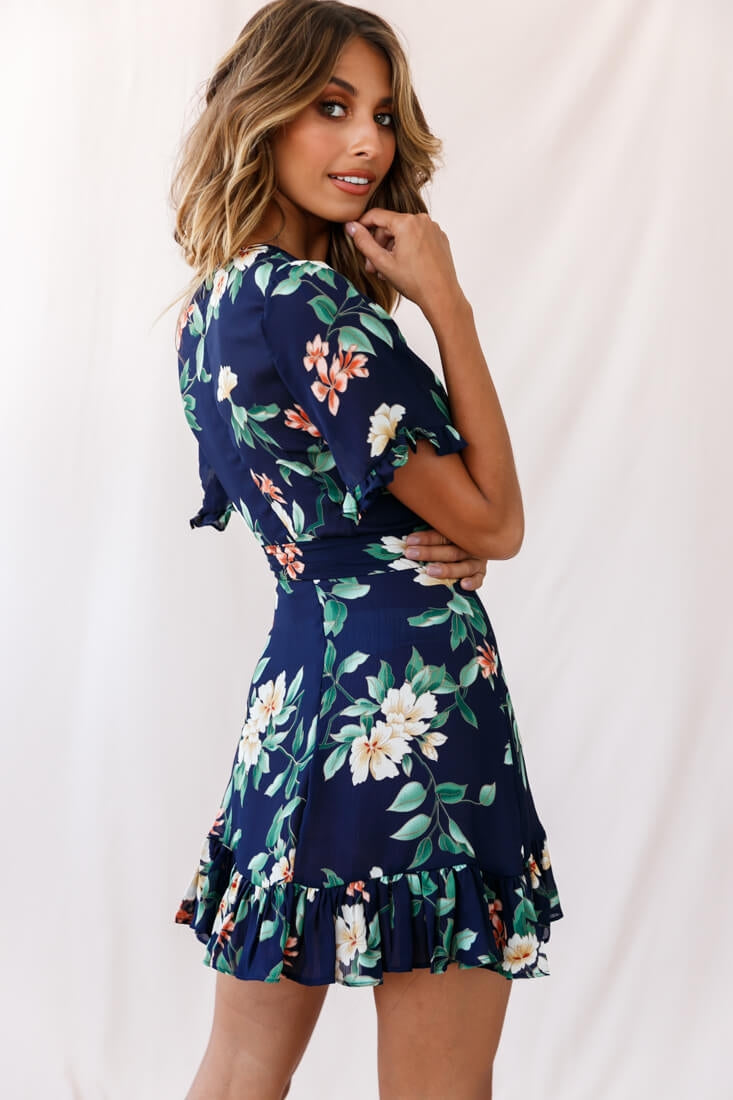 Omara Floral Wrap Ruffle Trim Dress Navy by Selfie Leslie