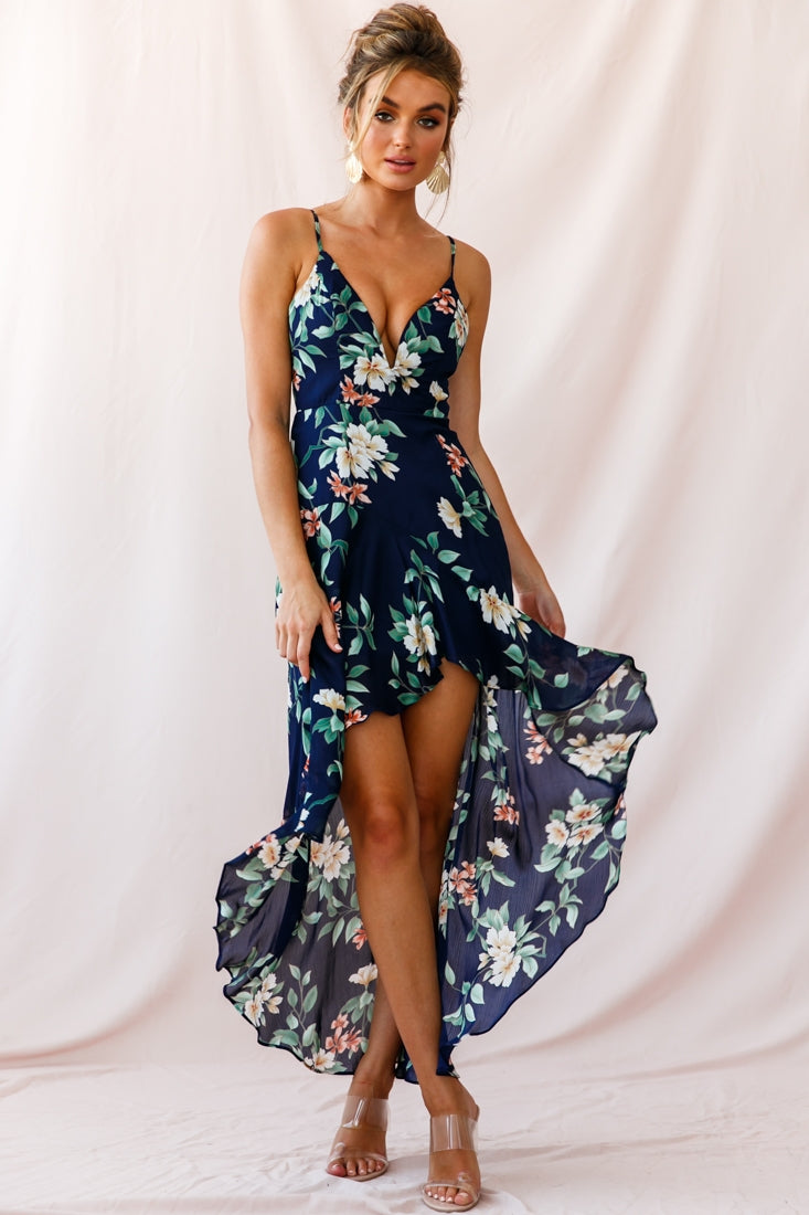 Imelda V-Neckline High-Low Hem Dress Navy by Selfie Leslie