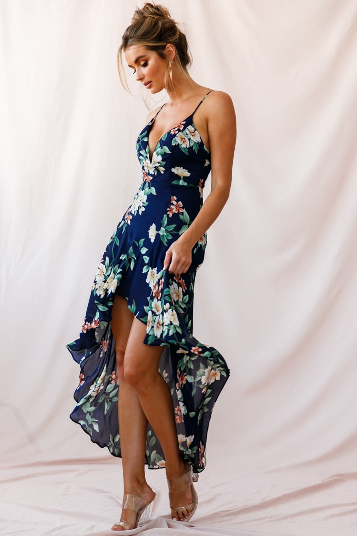 Imelda V-Neckline High-Low Hem Dress Navy by Selfie Leslie